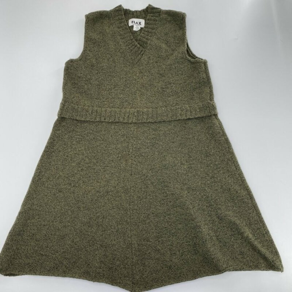 Flax Angelheart M/L Wool Dress Sleeveless Tunic V Neck Woven Vintage Earth Green
